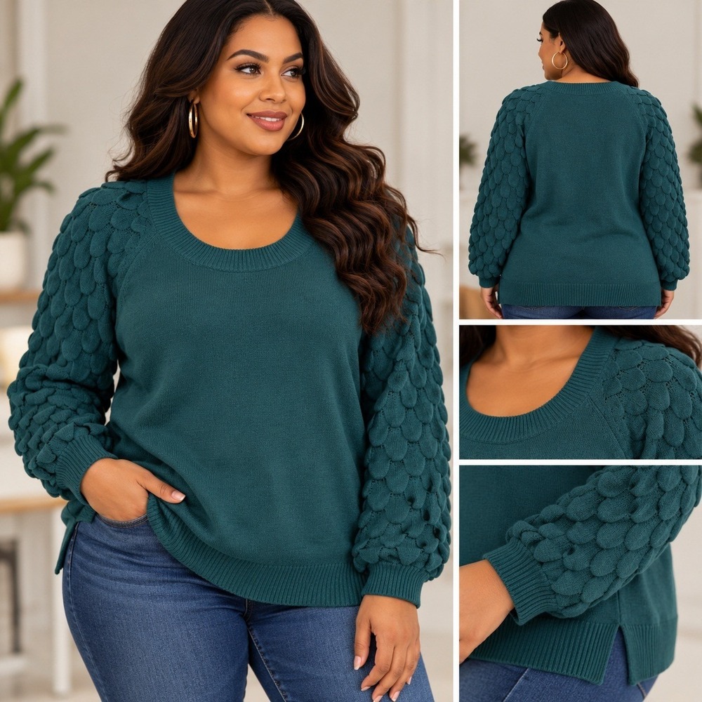 Lane Bryant Teal Green Bubble Sleeve Knit Sweater Plus Size 26/28 NWT